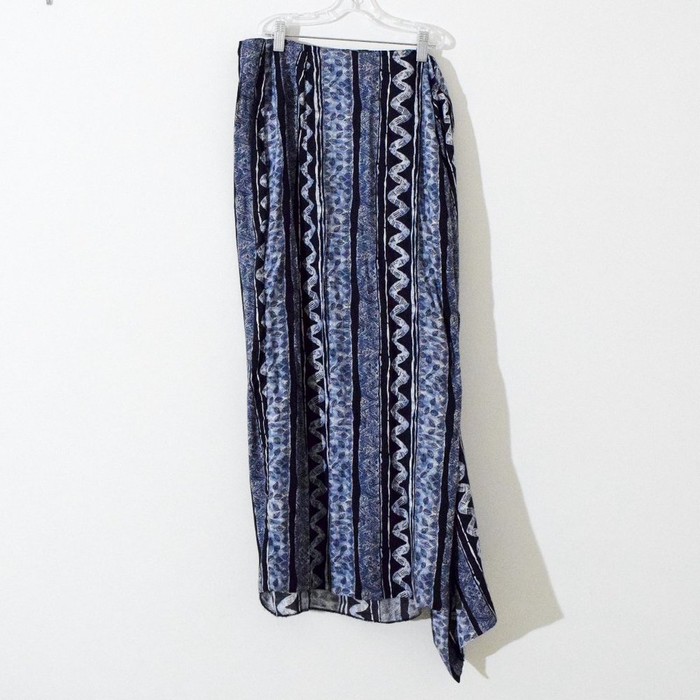 ABRIA Vintage Navy Blue Faux Wrap Tribal Print Sarong Wrap Maxi Skirt | Size M